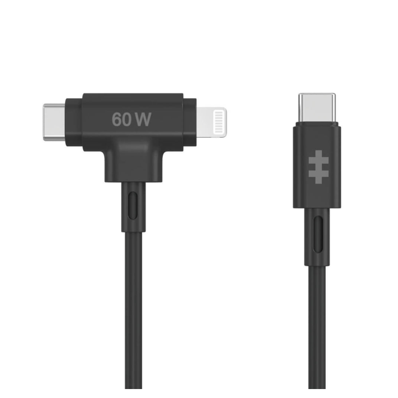 HYPER SILICONE USB-C TO USB-C AND LIGHTNING HYBRID 60W CABLE - BLACK