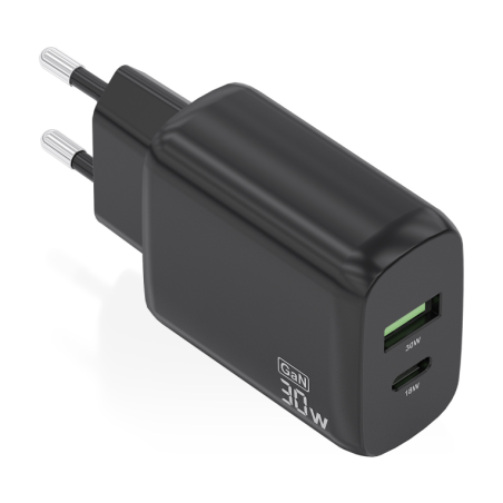 CARGADOR AISENS GAN 30W, 1XUSB-C PD3-0 QC4-0, 1XUSB-A QC3-0, NEGRO