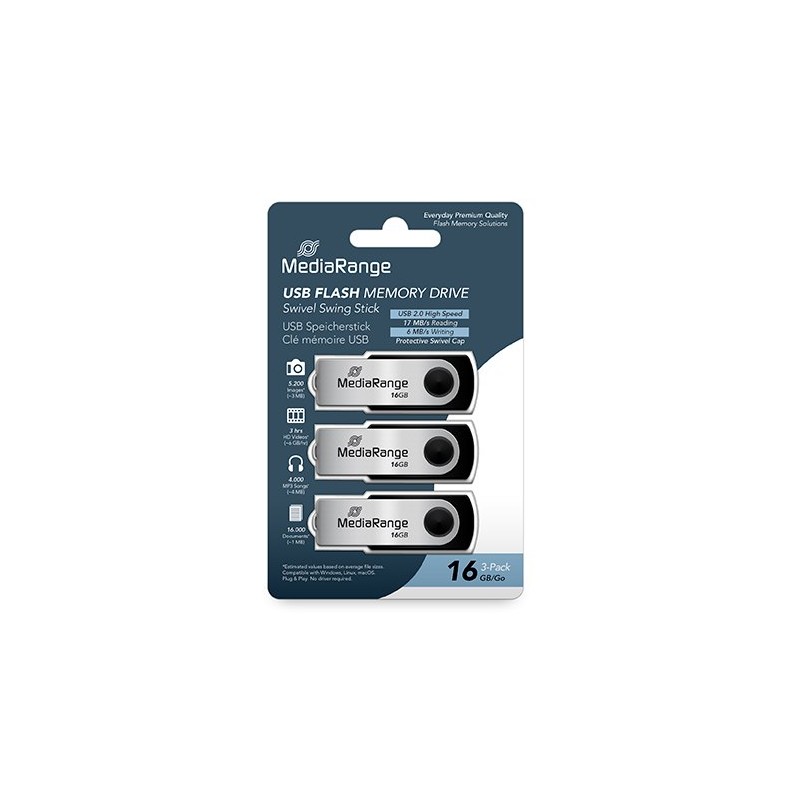 PENDRIVE 16GB USB 2-0 MEDIARANGE 3 PACK