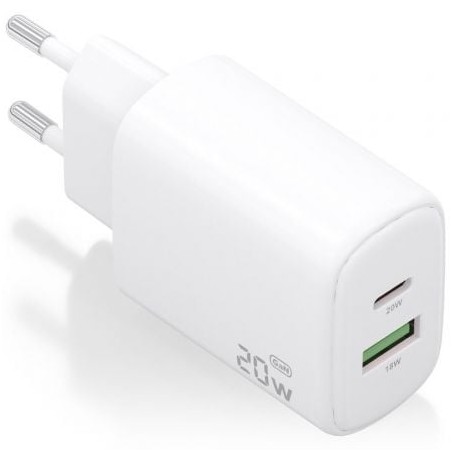 CARGADOR AISENS GAN 20W, 1XUSB-C PD3-0, 1XUSB-A QC3-0, BLANCO