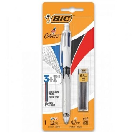 Bolígrafo de Tinta de Aceite Retráctil Bic 4 Colours 942103- 1 unidad- 4 Colores de Tinta- Cuerpo Color Blanco