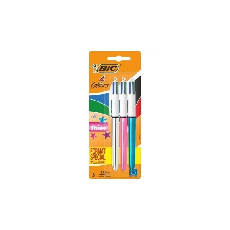 Bolígrafos de Tinta de Aceite Retráctil Bic 4 Colors Shine 9122751- 3 unidades- 4 Colores de Tinta- Cuerpo Color Brillante Bolígrafos de Tinta de Aceite Retráctil Bic 4 Colors Shine 9122751- 3 unidades- 4 Colores de Tinta- Cuerpo Color Brillante