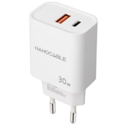 Cargador de Pared Nanocable 10-10-2011- 1xUSB- 1xUSB Tipo-C- 30W- Blanco