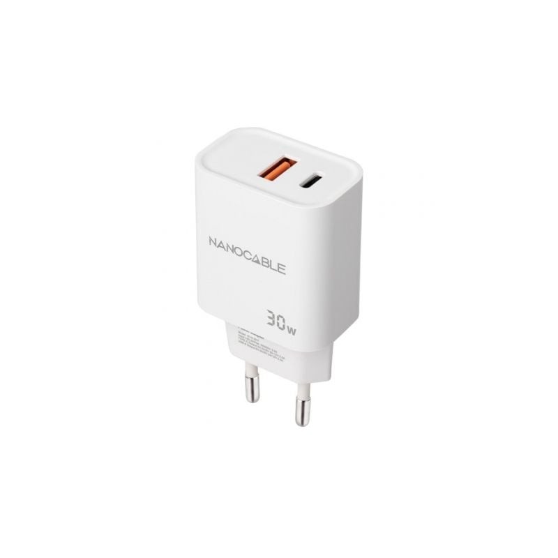 Cargador de Pared Nanocable 10-10-2011- 1xUSB- 1xUSB Tipo-C- 30W- Blanco Cargador de Pared Nanocable 10-10-2011- 1xUSB- 1xUSB Tipo-C- 30W- Blanco