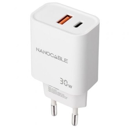 Cargador de Pared Nanocable 10-10-2011- 1xUSB- 1xUSB Tipo-C- 30W- Blanco