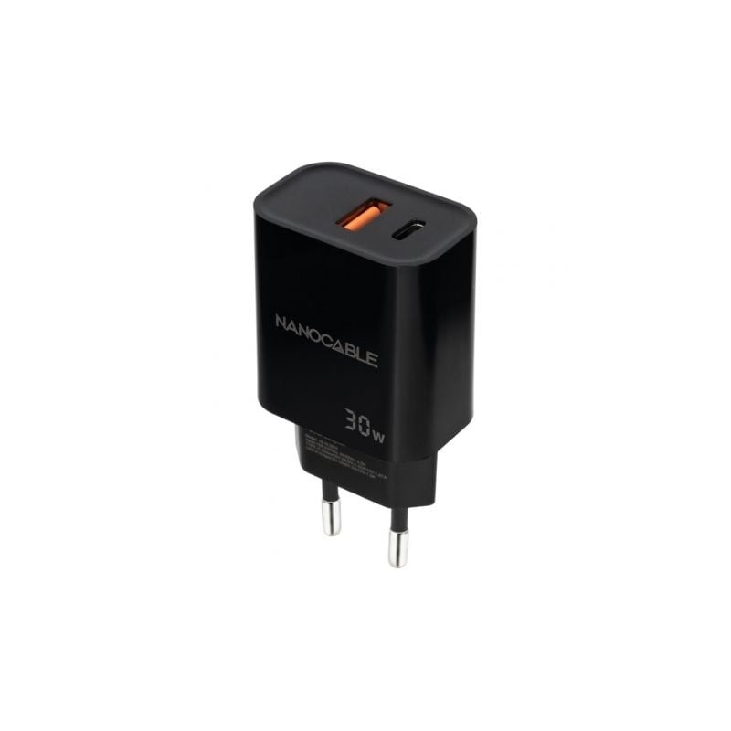 Cargador de Pared Nanocable 10-10-2012- 1xUSB- 1xUSB Tipo-C- 30W- Negro Cargador de Pared Nanocable 10-10-2012- 1xUSB- 1xUSB Tipo-C- 30W- Negro