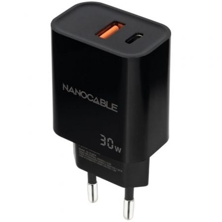 Cargador de Pared Nanocable 10-10-2012- 1xUSB- 1xUSB Tipo-C- 30W- Negro
