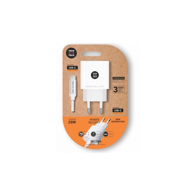 Cargador de Pared Tech One Tech TEC2266- 1xUSB Tipo-C + Cable USB Tipo-C- 3A- Blanco