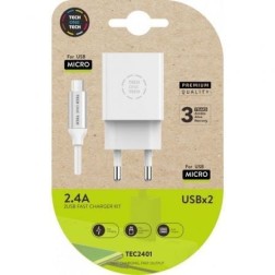 Cargador de Pared Tech One Tech TEC2401- 2xUSB + Cable Micro USB- 12W- Blanco