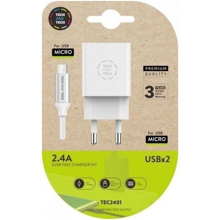 Cargador de Pared Tech One Tech TEC2401- 2xUSB + Cable Micro USB- 12W- Blanco