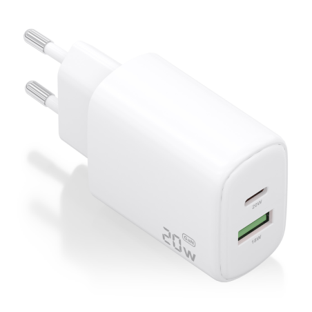 CARGADOR AISENS GAN 20W, 1XUSB-C PD3-0, 1XUSB-A QC3-0, BLANCO
