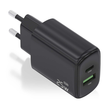 CARGADOR AISENS GAN 25W, 1XUSB-C PD3-0, 1XUSB-A QC3-0, NEGRO