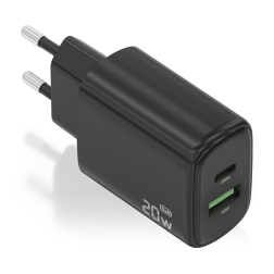 CARGADOR AISENS GAN 20W, 1XUSB-C PD3-0, 1XUSB-A QC3-0, NEGRO