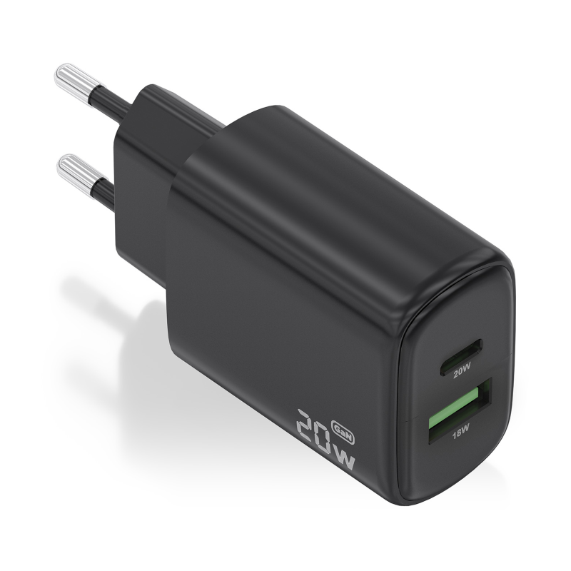 CARGADOR AISENS GAN 20W, 1XUSB-C PD3-0, 1XUSB-A QC3-0, NEGRO