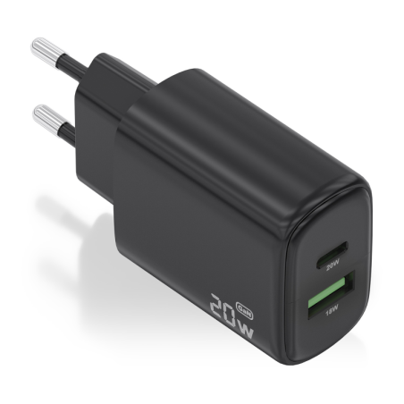 CARGADOR AISENS GAN 20W, 1XUSB-C PD3-0, 1XUSB-A QC3-0, NEGRO