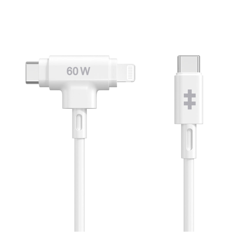 HYPER SILICONE USB-C TO USB-C AND LIGHTNING HYBRID 60W CABLE - WHITE