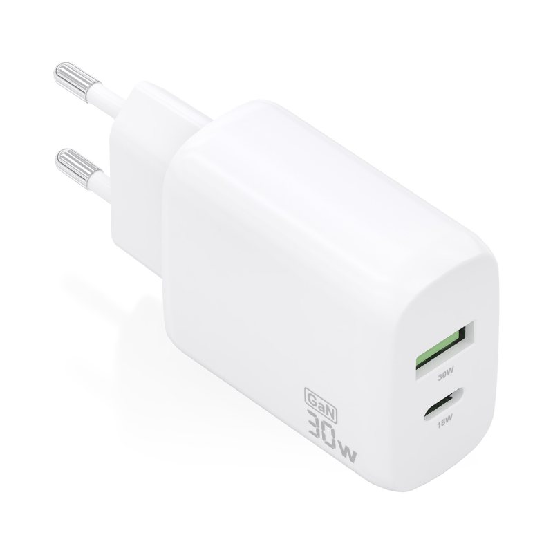 Cargador de Pared GaN Aisens A110-0923- 1xUSB Tipo-C- 1xUSB- 30W- Blanco