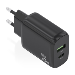 CARGADOR AISENS GAN 30W, 1XUSB-C PD3-0 QC4-0, 1XUSB-A QC3-0, NEGRO