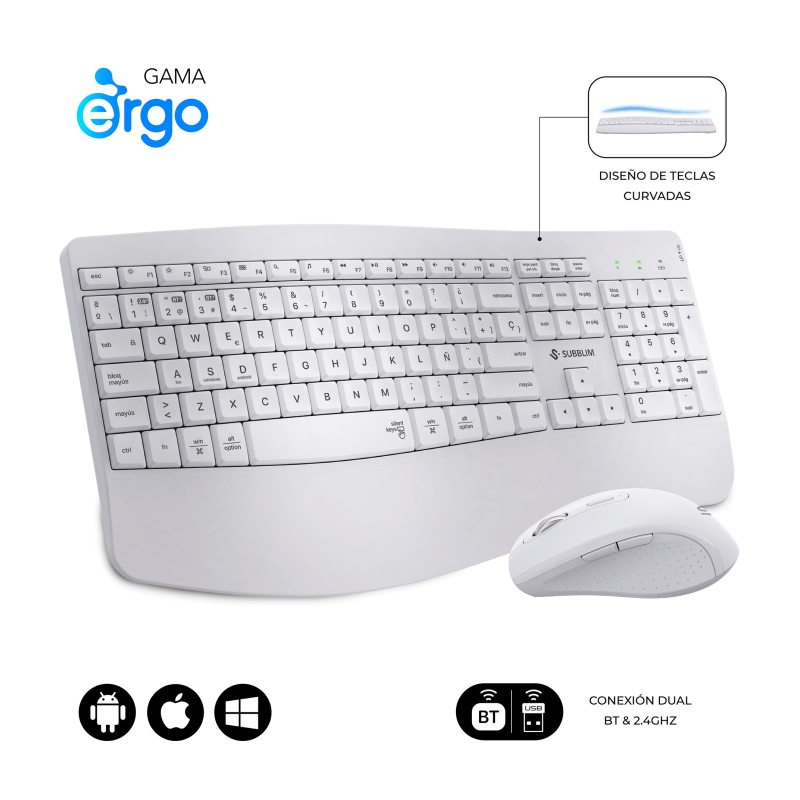 COMBO TECLADO RATON SUBBLIM PROWAVE ERGO INALAMBRICO BLANCO