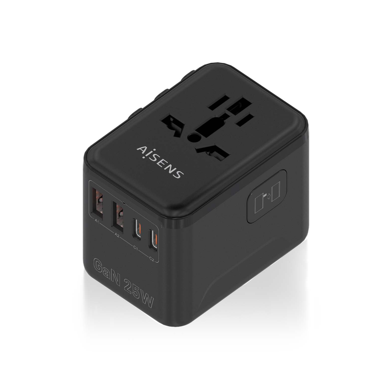 ADAPTADOR AISENS ENCHUFE UNIVERSAL VIAJE CARGADOR USB GAN 25W NEGRO