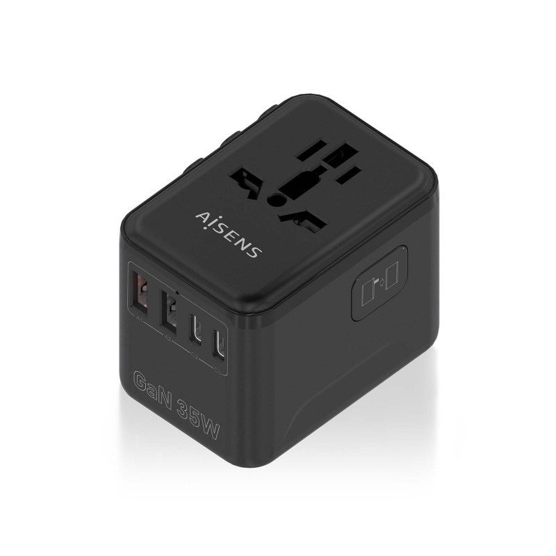 ADAPTADOR AISENS ENCHUFE UNIVERSAL VIAJE CARGADOR USB GAN 35W NEGRO