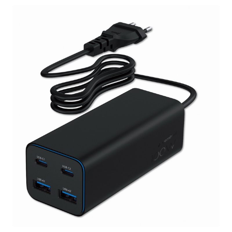 CARGADOR RAPIDO GEMBIRD USB POWERDELIVERY GAN DE 4 PUERTOS 100 W NEGRO