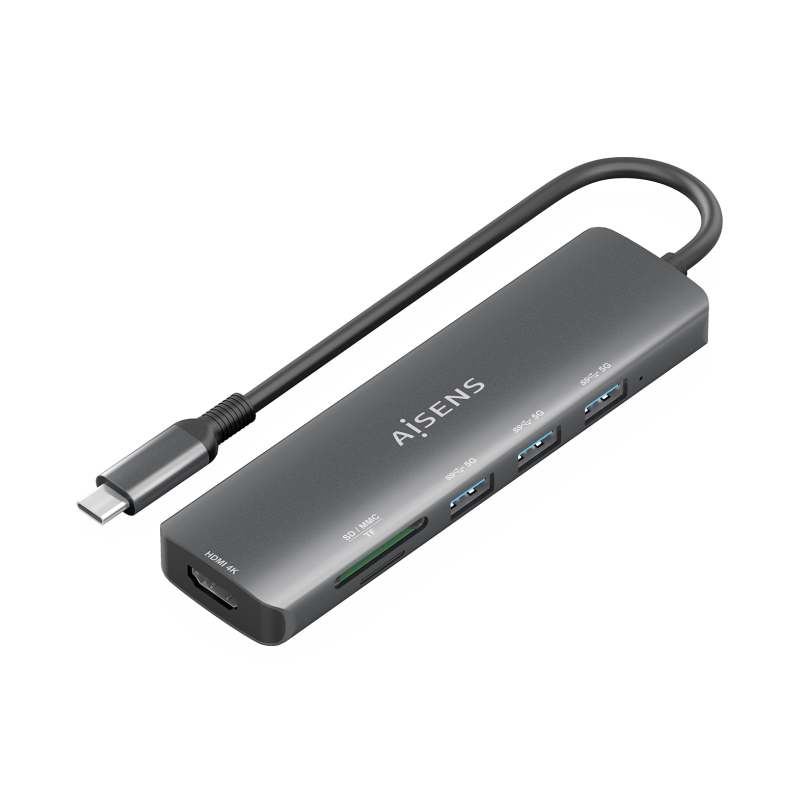 USB-C DOCK AISENS 6 EN 1 USB-C A 1XHDMI 3XUSB-A 1XSD 1XMICRO SD 15CM