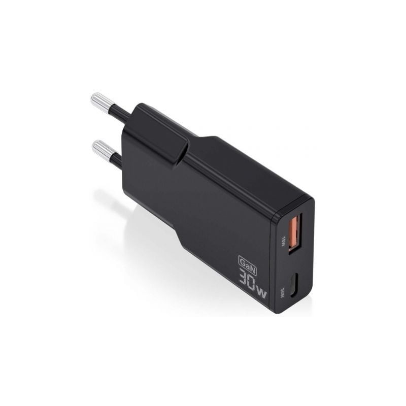 Cargador de Pared GaN Aisens ASCH-30W2P047-BK- 1xUSB Tipo-C- 1xUSB- 30W- Negro