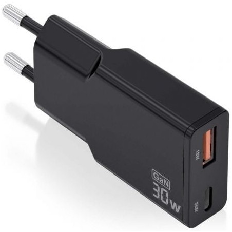 Cargador de Pared GaN Aisens ASCH-30W2P047-BK- 1xUSB Tipo-C- 1xUSB- 30W- Negro