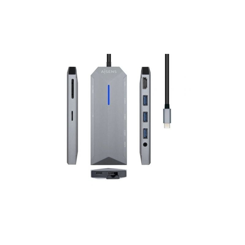 Docking USB Tipo-C Aisens ASUC-9P001-GR- 1xHDMI 4K- 3xUSB- 1xRJ45- 1xAudio- 1xLector Tarjetas - 1xUSB Tipo-C PD- Gris