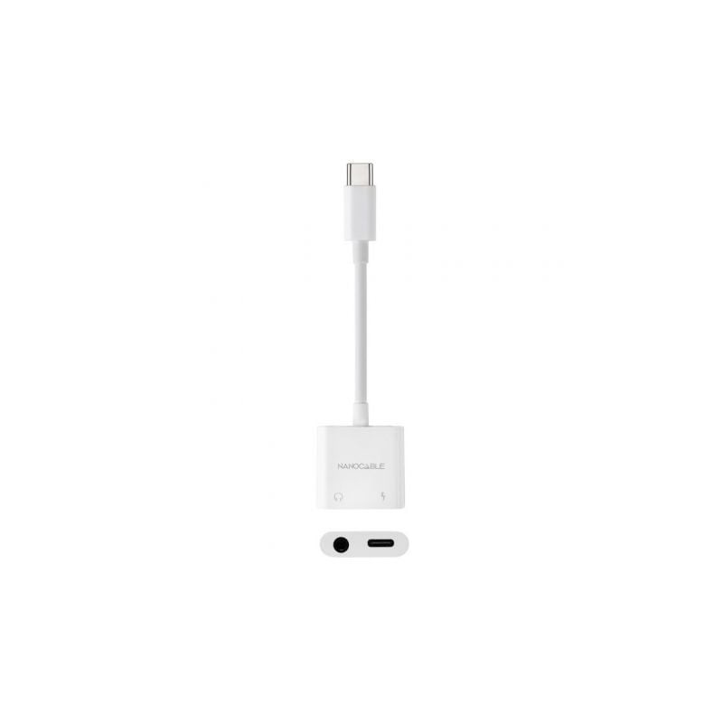 Adaptador Audio Nanocable 10-24-1206- USB Tipo-C Macho - Jack 3-5 Hembra- USB Tipo-C Hembra- Blanco