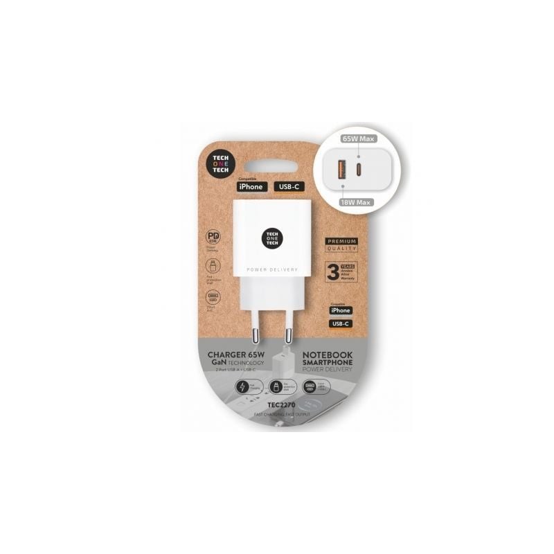 Cargador de Pared GaN Tech One Tech GaN TEC2270- 1xUSB Tipo-C- 1xUSB- 65W- Blanco Cargador de Pared GaN Tech One Tech GaN TEC2270- 1xUSB Tipo-C- 1xUSB- 65W- Blanco