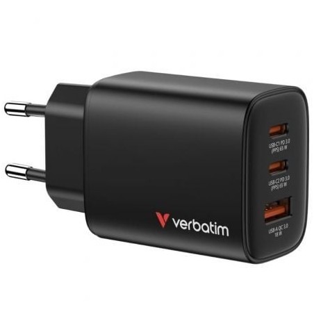 Cargador de Pared GaN Verbatim Essentials- 2xUSB Tipo-C- 1xUSB- 65W