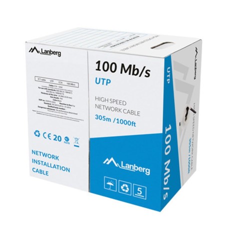 BOBINA CABLE RED LANBERG UTP RJ45 100 MB-S SOLIDO CCA AWG24 305M NEGRO
