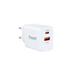 CARGADOR PARED TOOQ USB-C-PD 20W, USB-A-QC 18W BLANCO