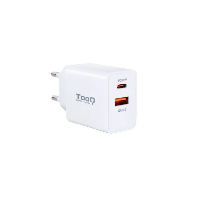 CARGADOR PARED TOOQ USB-C-PD 20W, USB-A-QC 18W BLANCO