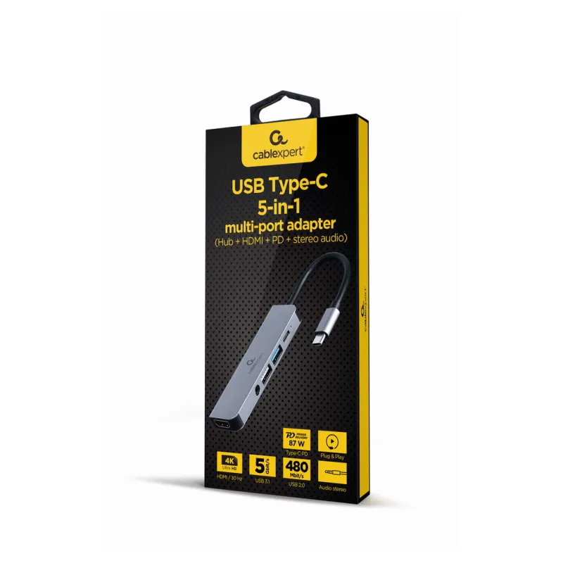 ADAPTADOR MULTIPUERTO GEMBIRD USB TIPO C 5 EN 1 HUB HDMI PD AUDIO ESTERO