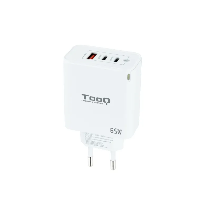 Cargador de Pared GaN TooQ TQWC-GANQC2PD65WT- 2xUSB Tipo-C- 1xUSB- 65W