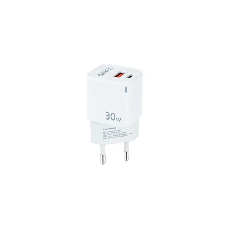 Cargador de Pared GaN TooQ TQWC-GANQCPD30WT- 1xUSB Tipo-C- 1xUSB- 30W