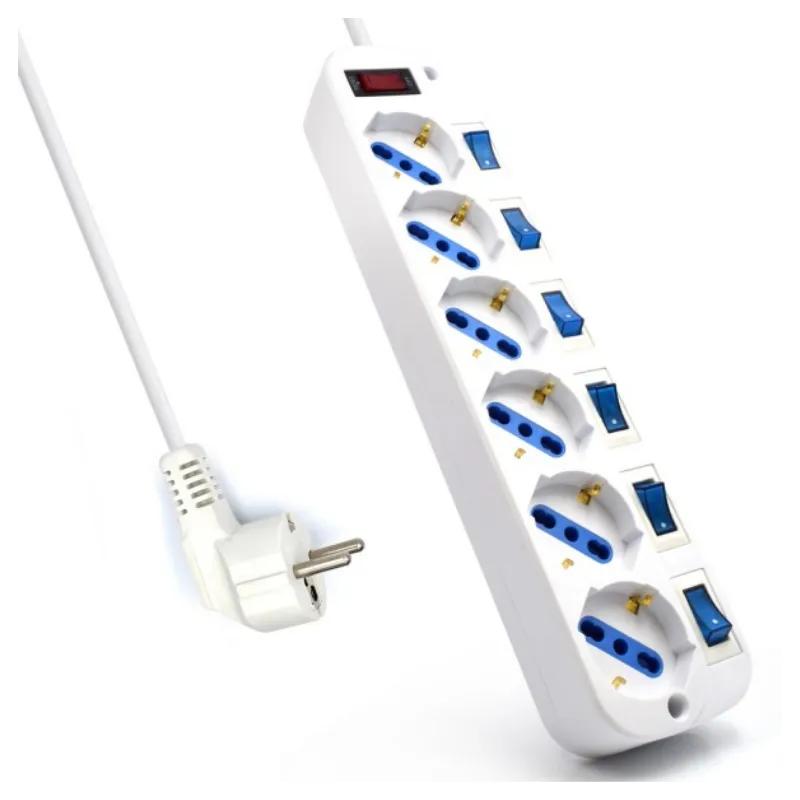 REGLETA EWENT 6 TOMAS SHUKO 16A CON INTERRUPTOR ON-OFF 5M BLANCA