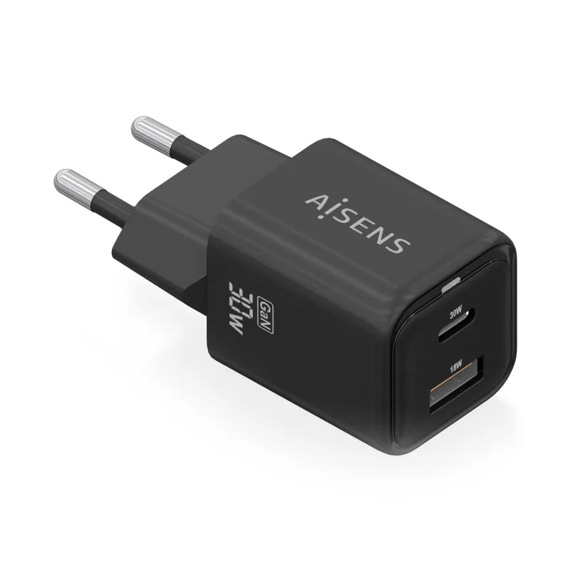 Cargador de Pared GaN Aisens ASCH-30W2P021-BK- 1xUSB Tipo-C- 1xUSB- 30W