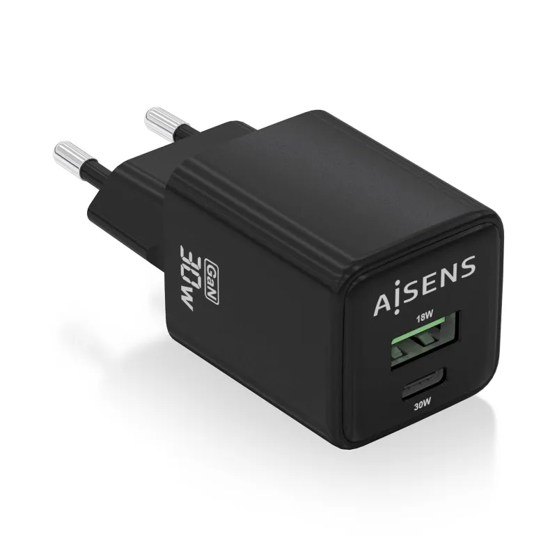 CARGADOR AISENS GAN 30W 1XUSB-C PD3-0 QC4-0 1XUSB-A QC3-0 NEGRO