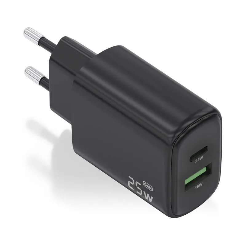 CARGADOR AISENS GAN 25W, 1XUSB-C PD3-0, 1XUSB-A QC3-0, NEGRO