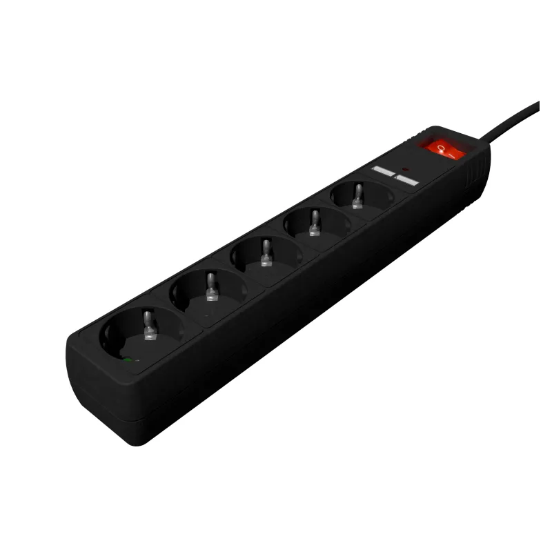 REGLETA CON CARGADOR USB, 5 ENCHUFES, 1-5 M, USB 2A, COLOR NEGRO