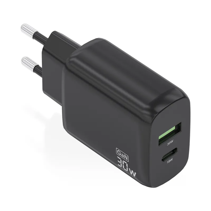 Cargador de Pared GaN Aisens A110-0924- 1xUSB Tipo-C- 1xUSB- 30W- Negro