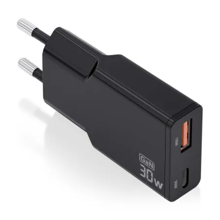 Cargador de Pared GaN Aisens ASCH-30W2P047-BK- 1xUSB Tipo-C- 1xUSB- 30W- Negro