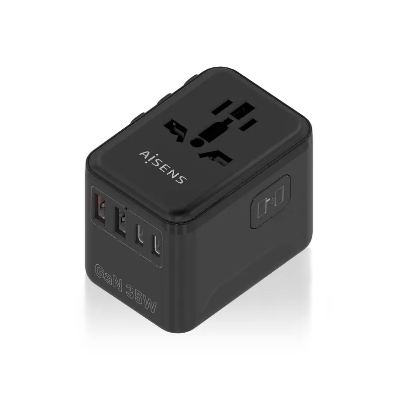 Cargador de Pared Universal GaN para Viaje Aisens ASPS-2A3C09-BK- Toma de Corriente Universal- 3xUSB Tipo-C- 2xUSB- 35W