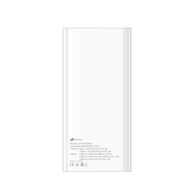 LEOTEC POWERBANK 30000MAH 22,5W PD20W BLAN (1 USB-C+4USB-A INC USB-A A USB-C)