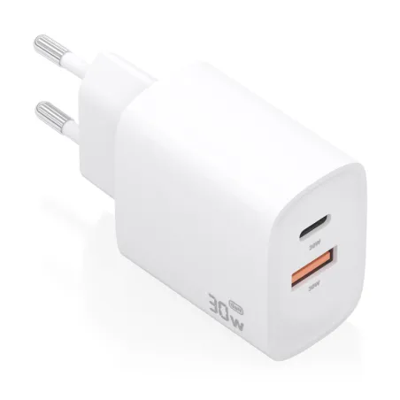 Cargador de Pared GaN Aisens A110-0952- 1xUSB Tipo-C- 1xUSB- 30W- Blanco