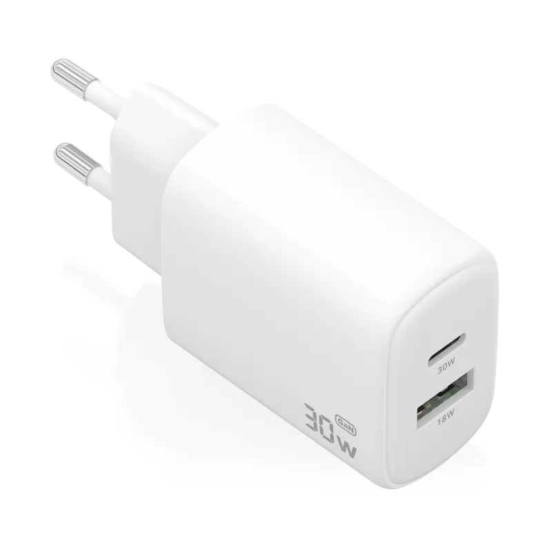 Cargador de Pared GaN Aisens A110-0977- 1xUSB Tipo-C- 1xUSB- 30W- Blanco